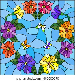 Illustration in stained glass style with bright colored flowers in a circle and butterflies on a blue background