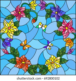 Illustration in stained glass style with bright colored flowers in a circle and butterflies on a blue background