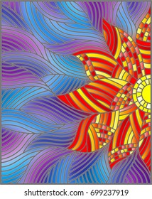 Illustration in stained glass style with bright orange abstract flower on blue wavy background