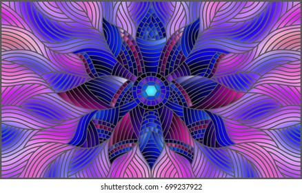 Illustration in stained glass style with bright blue abstract flower on blue wavy background,horizontal orientation