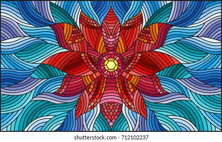 Illustration in stained glass style with bright red abstract flower on blue wavy background