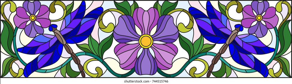 Illustration in stained glass style with bright dragonflies , floral ornament and purple flowers on a light background