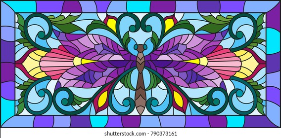 Illustration in stained glass style with bright dragonfly and floral ornament on a light background in a frame 