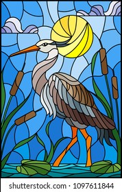 Illustration in stained glass style with brown  heron ,  reeds on a pond in the sun, sky and clouds and sun 