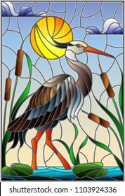 Illustration in stained glass style with brown  heron ,  reeds on a pond in the sun, sky and clouds and sun 
