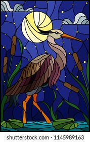 Illustration in stained glass style with brown  heron ,  reeds on a pond in the moon, starry sky and clouds  