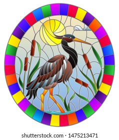 Illustration in stained glass style with brown  heron ,  reeds on a pond in the sun, sky and clouds and sun ,oval image in bright frame