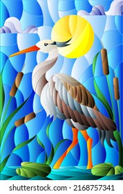 Illustration in stained glass style with brown  heron ,  reeds on a pond in the sun, sky and clouds and sun 