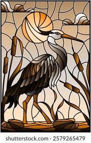 Illustration in stained glass style with brown  heron ,  reeds on a pond in the sun, sky and clouds and sun , tone brown