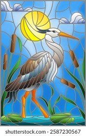 Illustration in stained glass style with brown  heron ,  reeds on a pond in the sun, sky and clouds and sun 