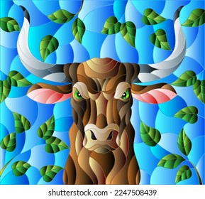 Illustration in stained glass style with bull head,on the background of tree branches and the sky, a rectangular image