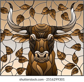 Illustration in stained glass style with bull head,on the background of tree branches and the sky, a rectangular image, tone brown