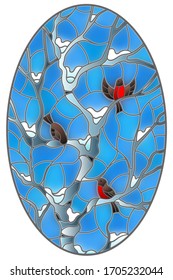 Illustration in stained glass style with bullfinches on branches of a birch tree against the sky and snow, oval image
