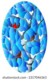 Illustration in stained glass style with bullfinches on branches of a birch tree against the sky and snow, oval image