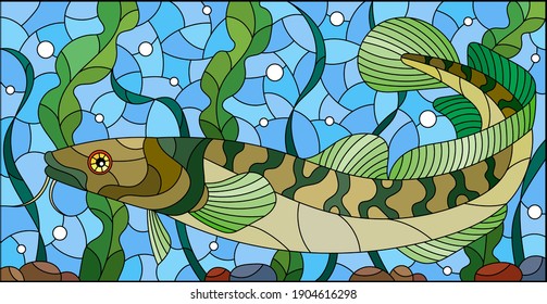 Illustration in stained glass style with burbot fish on the background of algae, air bubbles and water