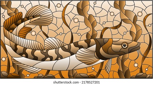 Illustration in stained glass style with burbot fish on the background of algae, air bubbles and water, tone brown