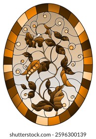 Illustration in stained glass style Bush green peas, leaves, shoots, pods and flowers on a sky background, tone brown