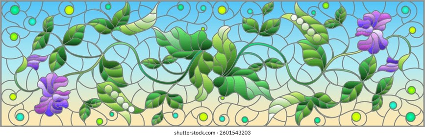 Illustration in stained glass style Bush green peas, leaves, shoots, pods and flowers on a blue background