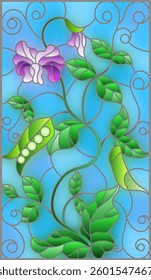 Illustration in stained glass style Bush green peas, leaves, shoots, pods and flowers on a blue background