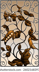 Illustration in stained glass style Bush green peas, leaves, shoots, pods and flowers on a sky background, tone brown