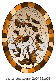 Illustration in stained glass style Bush green peas, leaves, shoots, pods and flowers on a sky background, tone brown