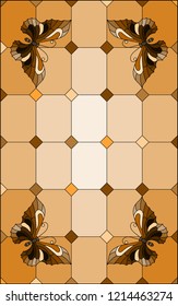 Illustration in stained glass style with  butterflies on a segmented window background, tone brown, sepia 