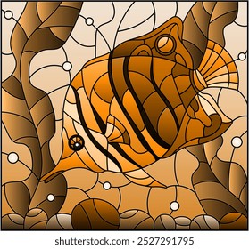 Illustration in stained glass style with an butterfly fish on a background of algae, and water,oval image, tone brown