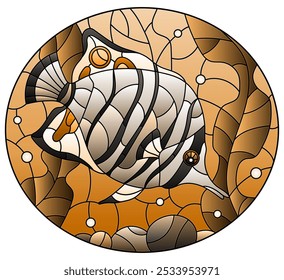 Illustration in stained glass style with an butterfly fish on a background of algae, air bubbles and water, oval image, tone brown