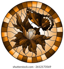 Illustration in stained glass style with a butterfly on a flower, round image in a  frame, tone brown