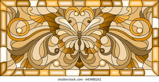 Illustration in stained glass style with  butterfly and floral ornament , brown tone, sepia