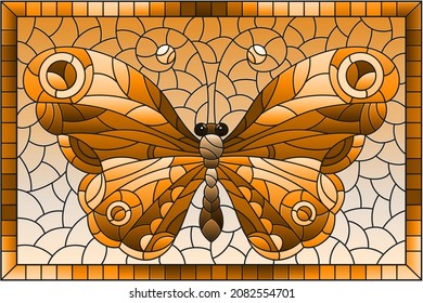 Illustration in stained glass style with a butterflymin a frame, rectangular image, tone brown