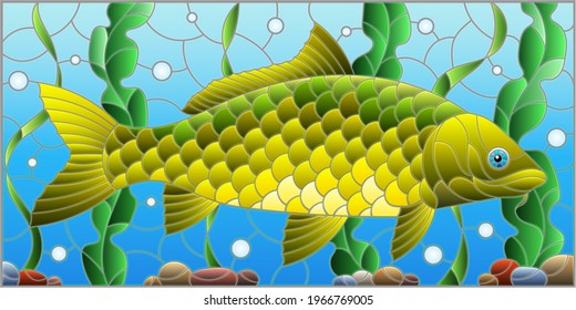 Illustration in stained glass style with carp fish on the background of algae, air bubbles and water