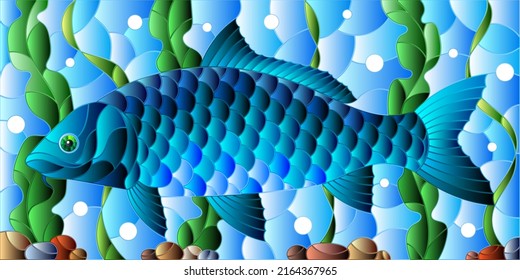 Illustration in stained glass style with carp fish on the background of algae, air bubbles and water