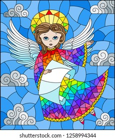 Illustration in stained glass style with cartoon rainbow angel with scroll in hands against the cloudy sky