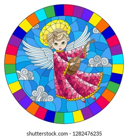 Illustration in stained glass style with cartoon  angel  in pink dress playing the lute against the cloudy sky,round image in bright frame