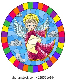 Illustration in stained glass style with cartoon  angel in pink dress with scroll in hands against the cloudy sky, 