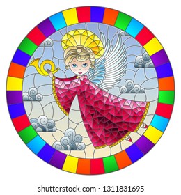 Illustration in stained glass style with cartoon  angel in pink dress playing the horn against the cloudy sky,round image in bright frame