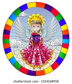 Illustration in stained glass style with cartoon  angel in pink dress with heart in hands against the cloudy sky,round image in bright frame