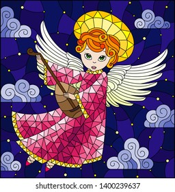 Illustration in stained glass style with cartoon red-haired angel in a pink dress  playing the lute against the cloudy sky with stars 
