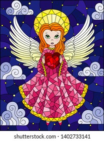 Illustration in stained glass style with cartoon  angel in pink dress with heart in hands against the cloudy sky with stars 