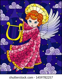 Illustration in stained glass style with cartoon  angel in pink robe playing the harp against the cloudy sky and stars