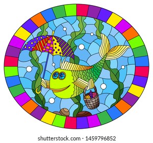 Illustration in stained glass style with cartoon funny fish under an umbrella on the background of the seabed and algae, oval image in bright frame