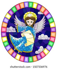 Illustration in stained glass style with cartoon  angel in pink dress with scroll in hands against the cloudy night sky, 
