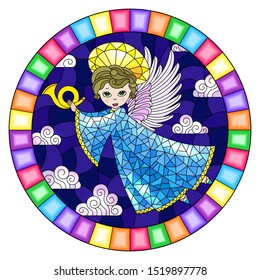 Illustration in stained glass style with cartoon  angel in blue dress playing the horn against the cloudy sky,round image in bright frame