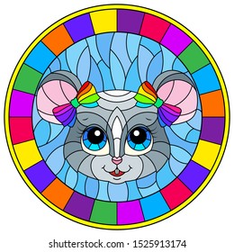 Illustration in stained glass style with cartoon  mouse head on blue background , round illustration in bright frame