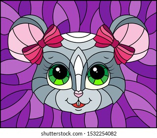 Illustration in stained glass style with cartoon  mouse head on a purple background 