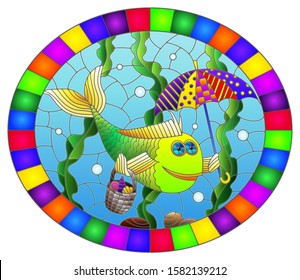 Illustration in stained glass style with cartoon funny fish under an umbrella on the background of the seabed and algae, oval image in bright frame