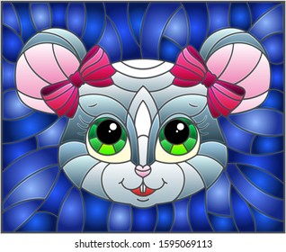 Illustration in stained glass style with cartoon  mouse head on a blue background 