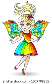 Illustration in stained glass style of a cartoon winged fairy in a bright dress, isolated on a white background