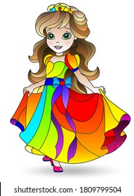 Illustration in stained glass style of a cartoon Princess in a bright dress, isolated on a white background